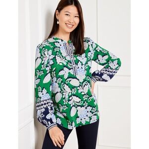 Talbots Band Collar Popover Blouse Size XS Green Blue Blossom Ikat Preppy